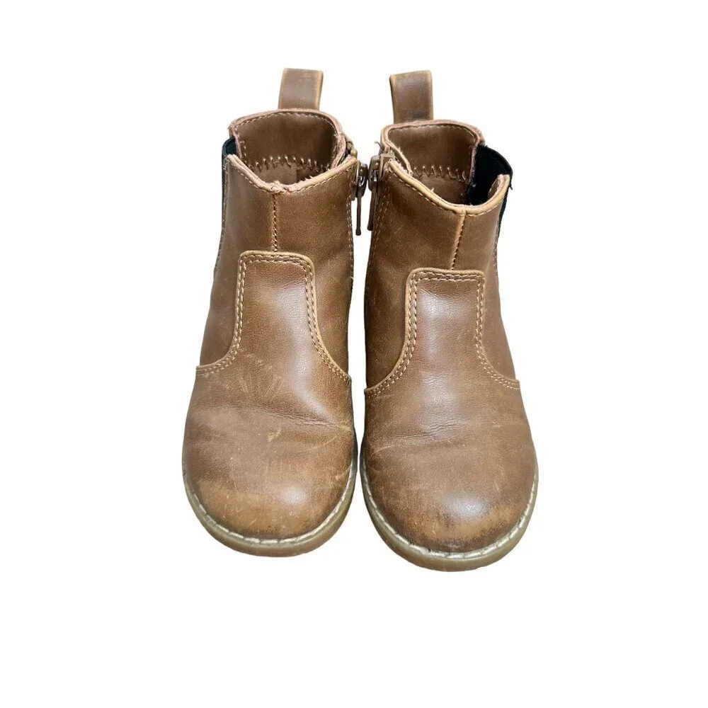 Toddler Brown Faux Leather Ankle Boots With Side Zipper & Pull Tabs Size 6